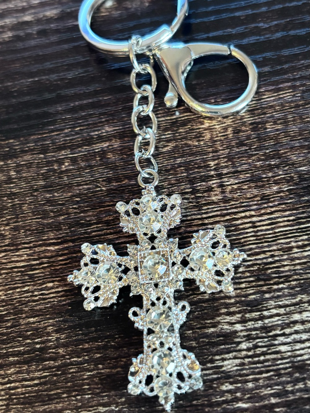Mint Crystal Cross Keychain in Silver